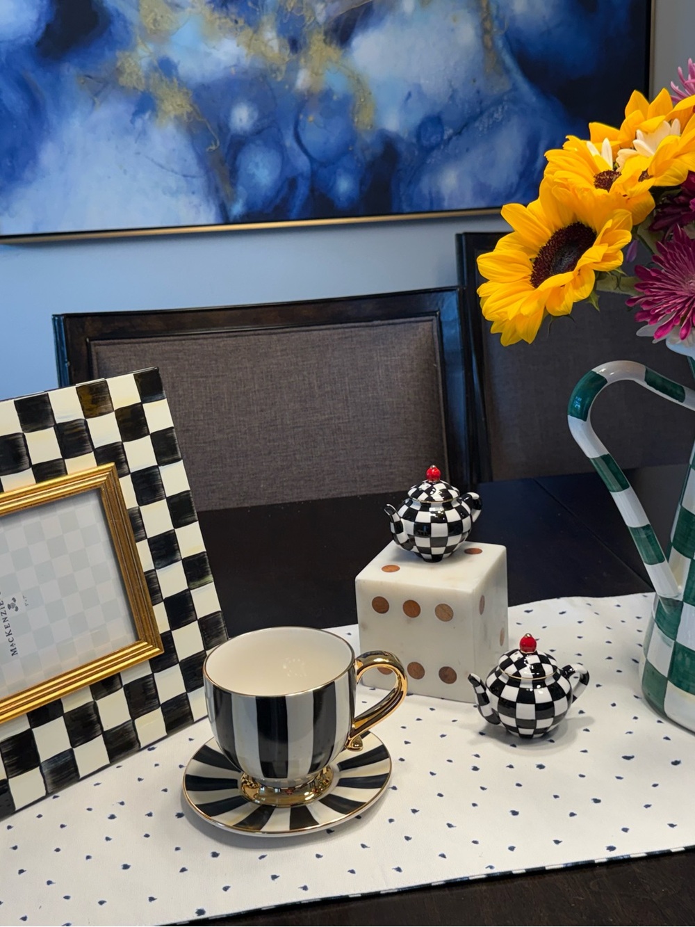 MacKenzie-Childs Black and White Striped Teacup and Saucer with Gold Trim
